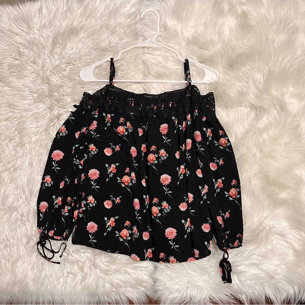 Black with pink flower blouse.